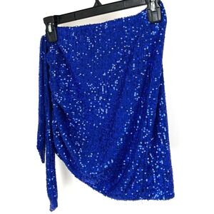 Royal Blue Sequin Mini Skirt Wrap Side Tie Asymmetrical Tulip Hem Party Festival
